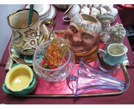 Wade Jug, Friar Tuck Character Jug, pair of Continental Parian busts (damage), Barnstaple Jardiniere, etc:- One Tray