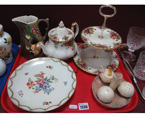 Royal Albert 'Old Country Roses' Teapot and Two Tier Cake Stand, Carlton Ware mushroom condiment (repaired), etc:- One Tray