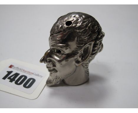 A White Metal Vesta Case as The Devils Head, hinged opening at the scull, released by push button nose, horns absent, 4.5cm h