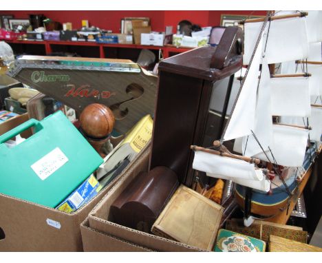 Wall Hung Display Cabinet, wooden boxes, 'Charm' harp, model of 'HMS Endeavor', photo frames etc:- Two Boxes