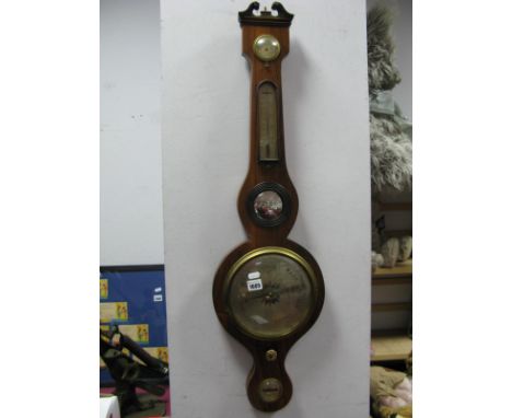 XIX Century Five Dial Banjo Barometer by W.Harrison Hexham, with swan neck pedimont, dry damp gauge, thermometer, butlers mir
