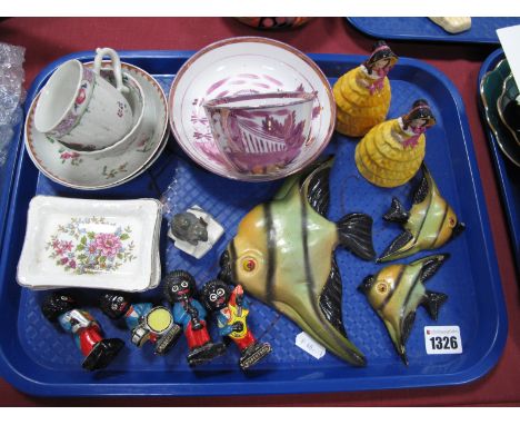 Royal Copenhagen Mouse on Cheese Figure, painted No 510, 4cm high, two Goss crinoline lady bells, three metal wall angel fish