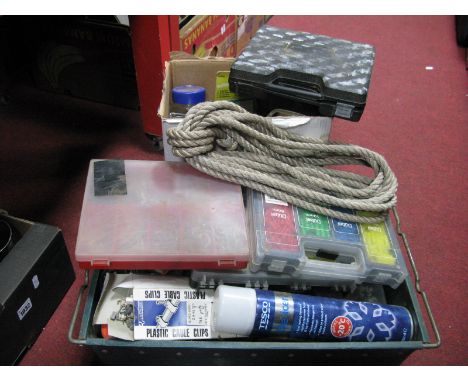 Stapler, spirit level, nails, Power Craft air drill kit etc:- Two Boxes