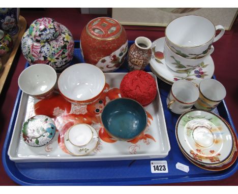 Oriental Ginger Jars, Cloisonne bowl and lidded pot, trinket tray, pair of  Worcester 'Evesham' breakfasts cups and saucers:-