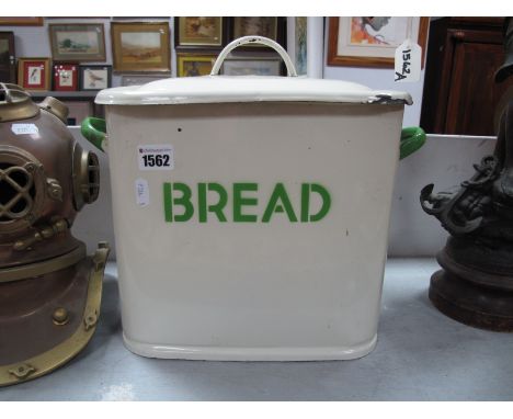 Cream Enamel Bread Bin, with green lettering.