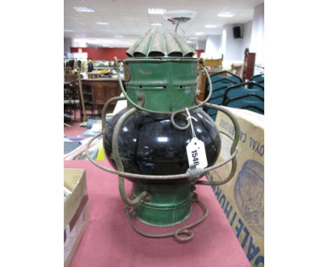 Alfred. F. Genton Ships Hanging Light, with turquoise bulbous glass body in green painted metal frame.