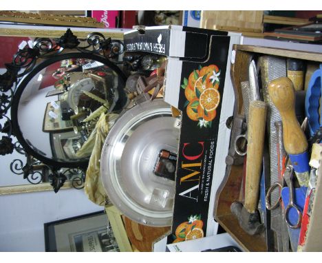 Clock, brassware, letter rack, etc:- One Box; plus tools, two mirrors.