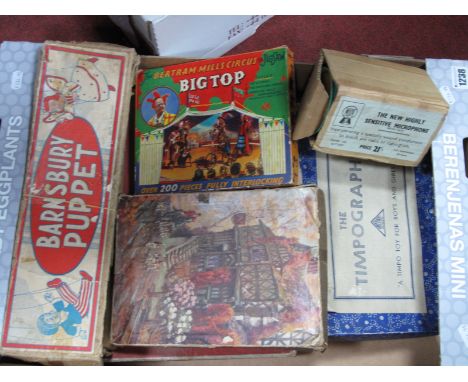 A Quantity of Mid XX Century Toys, including a Barnsbury 'Punch' puppet, circus jigsaw, hobbies fret set, among other items, 