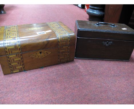 A XIX Century Walnut Workbox, with dome top and twin bands of marquetry inlay, XIX Century mahogany tea caddy. (2)