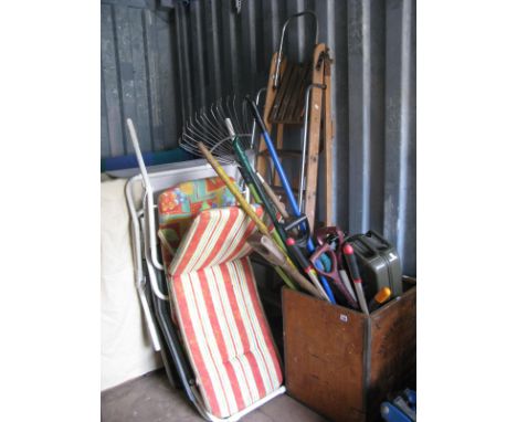 Garden Tools, D handled fork, Bosch Combitrim, household steps, jerry can, etc:- One Chest