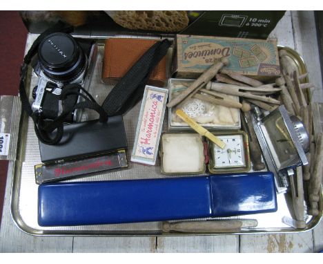 Pentax ME Super Camera, Harmonica, dominoes, slide rule, etc:- One Tray