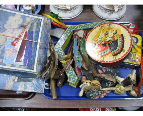 Vintage Children's Toys, including whip and top, girl doll. tinplate tambourine, Meccano items, etc; plus a complete 1930's b