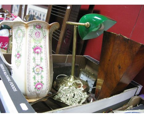 Brass Desk Lamp, with green shade, gilded brass easel, brass fire irons, barrel cleaning rod, XIX Century jug, etc; together 