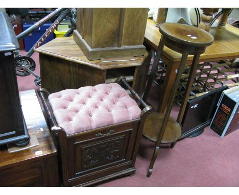 Early XX Century Walnut Piano Stool with Carved Poker Work Panel to Fall Front, turned carry handled Edwardian inlaid Mahogan