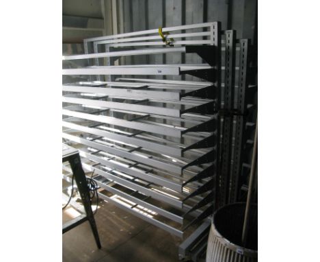 Three Double Sided Racks with Wheels, and including ten interchangeable garment rails and ten interchangeable shelf rails (re