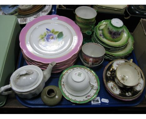 Six Dessert Plates, French teaware, miniature iridescent vase, 9cm high, Aynsley cup and saucers, etc:- One Tray