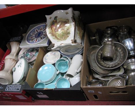 Three Boxes and Tray Collectable Crockery, including Poole pottery, a large Staffordshire plant pot, etc; plus a box of silve