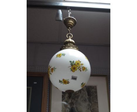 Globular White Glass Ceiling Light, transfer printed will yellow flowers, with brass mounts and fittings.