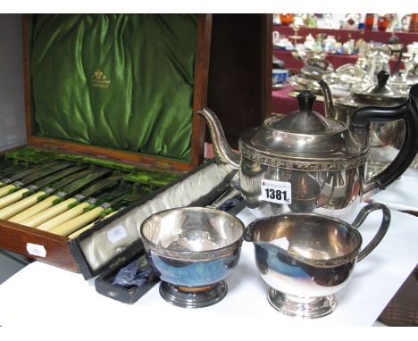 Dessert Knives and Forks, with silver ferrules in oak Mappin &amp; Sons case, cake knife, Viners three piece tea service.