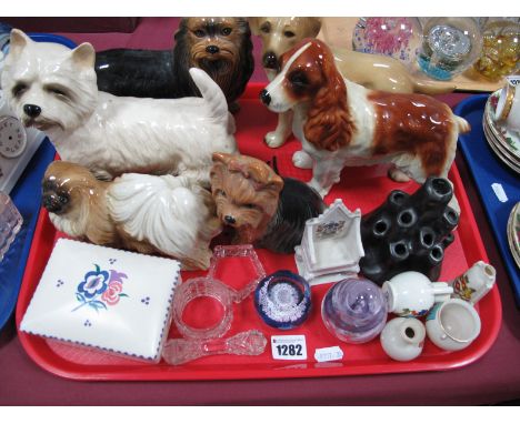 Sylvac, Coopercraft and other pottery dogs, Carlton tree trunk posy, crested ware, Poole box etc; One Tray