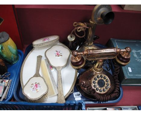 Franklin Mint - Two Alexander Graham Bell Commemorative Telephones, five piece dressing table set, with oval porcelain backs: