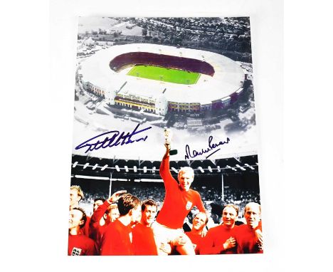 WORLD CUP 1966; a colour print of the England team lifting the trophy, signed by Geoff Hurst and Martin Peters, with certific