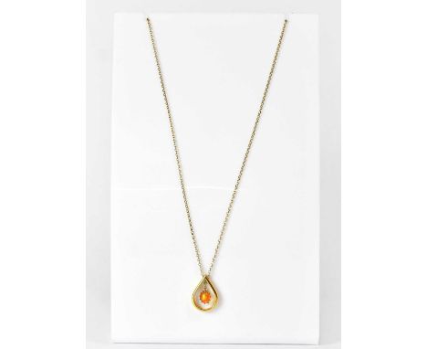 A 1960s 22ct gold teardrop-shaped pendant suspending a fire opal cabochon, length 2.5cm, hallmarked SH, Birmingham 1962, appr