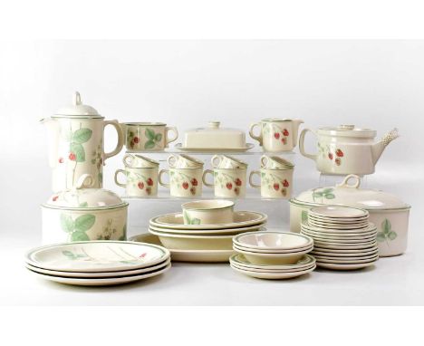 WEDGWOOD; a six-setting 'Raspberry Cane' dinner and tea service, comprising teapot, coffee pot, teacups, coffee cups, saucers