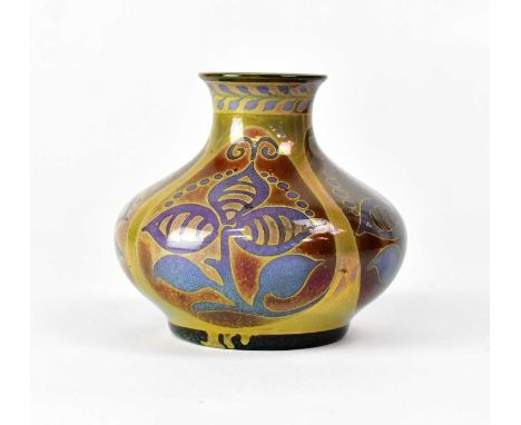 WILLIAM S. MYCOCK FOR PILKINGTON ROYAL LANCASTRIAN; a lustre squat vase painted with panels of stylised leaves in blue on a b