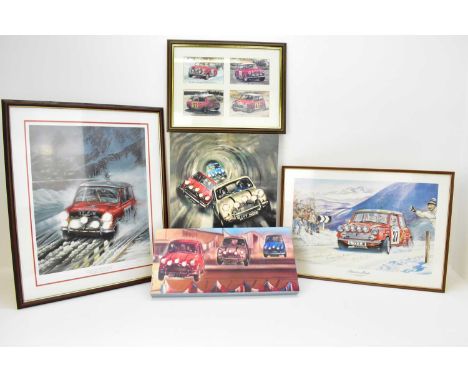 Five Mini car related pictures and prints to include two box canvases, '1964 Monte Carlo Rally' by K. W. Davies, limited edit