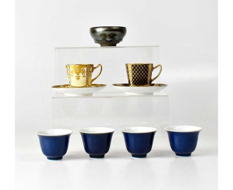 COPELAND SPODE FOR A B DANIELL &amp; SON; a 3147 pattern demitasse and saucer, with cobalt blue ground and gilt decoration, a