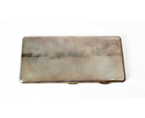 JOSEPH GLOSTER LTD; a George VI hallmarked silver cigarette case with engine turned decoration, Art Deco style vacant cartouc