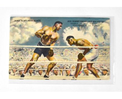JACK DEMPSEY; a colour postcard of Dempsey knocking out Jess Willard, signed by both boxers.Condition Report: - We have not a