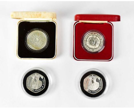 A Queen Elizabeth the Queen Mother 80th Birthday commemorative silver proof crown, 1980, a Charles and Diana commemorative cr