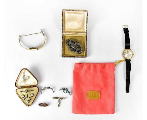 A large Art Deco marcasite brooch, length 6.5cm, a crescent-shaped brooch set with turquoise and seed pearls, length 4.1cm, a