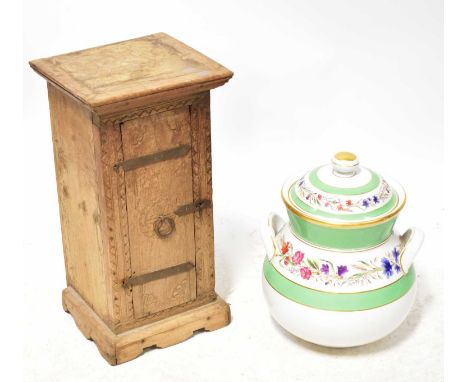 A toile metal five-branch electrolier with glass drops, height 54cm, a small Continental carved wooden floor standing cupboar