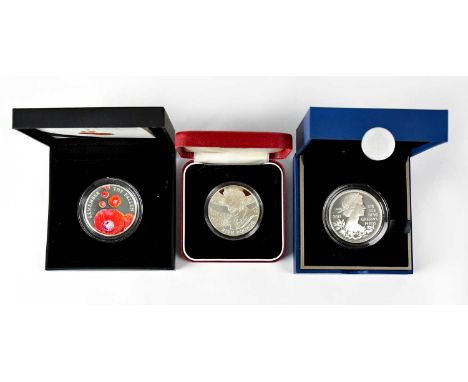 Three silver proof commemorative £5 coins, comprising Alderney Queen Mother 2000, 'God Direct My Steps' 2012, and Alderney 'R