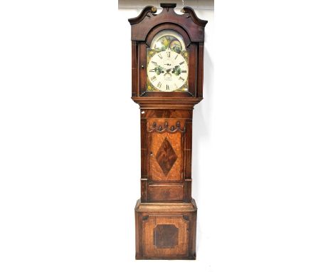 P. PRICE OF CHESTER; a 19th century mahogany eight-day longcase clock with painted moon phase dial depicting churches, the di