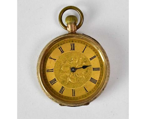 A 9ct yellow gold open face crown wind fob watch, the champagne-coloured dial set with Roman numerals (af).Condition Report: 