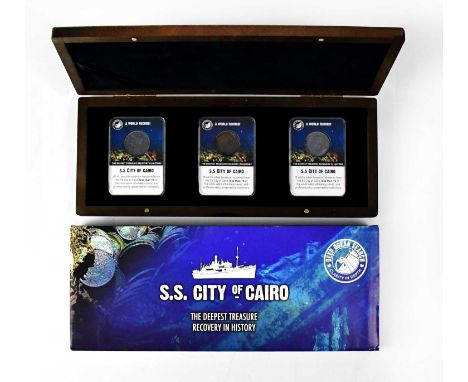 SS CITY OF CAIRO; an Indian silver rupee three-coin set, from the deepest treasure recovery in history, each coin 11.66g, enc