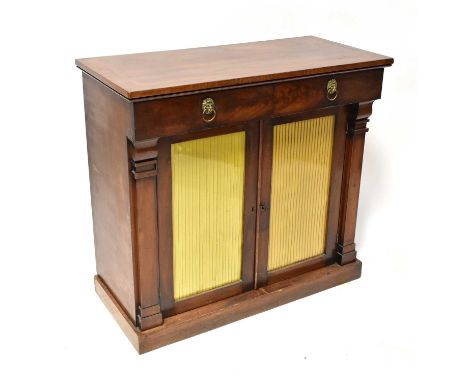 A 19th century mahogany chiffonier, the two drawers with lion head ring handles, above glazed cupboard doors to a plinth base