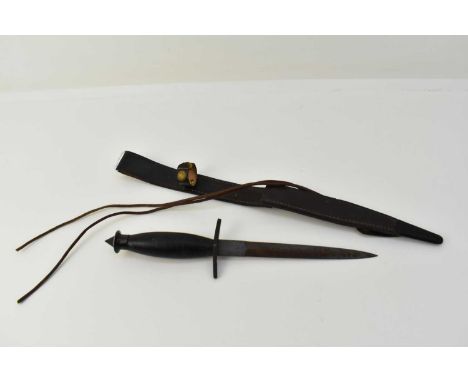 A replica American Case V-42 fighting stiletto knife with bar guard and leather scabbard, marked ‘HG Long &amp; Co Sheffield 