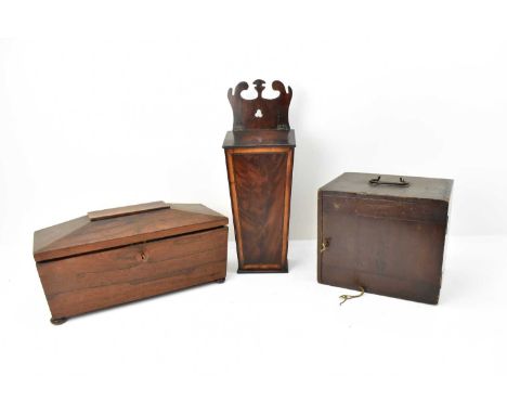 An early 19th century wall-mounting candle box of tapered form, with hinged lid, height 49cm, a wooden lockable box with carr