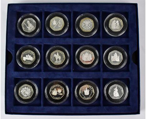 Twelve silver proof 50p coins, 'The Royal Mint Coronation Collection', 2003, each 8g, encapsulated, in display tray, with cer