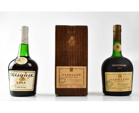 Two boxed bottles of Courvoisier Napoleon Old Liqueur cognac, no. OL4311, 680ml, and no. EF7889, 94.5cl, also a bottle of Bis