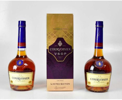 Three bottles of brandy, comprising a boxed Courvoisier VSOP cognac, Limited Edition 'The Toast of Paris' and two VSOP Courvo