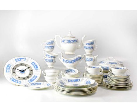 COALPORT; a large quantity of 'Revelry' pattern blue and white gilt-heightened tableware, including plates, side plates, cups