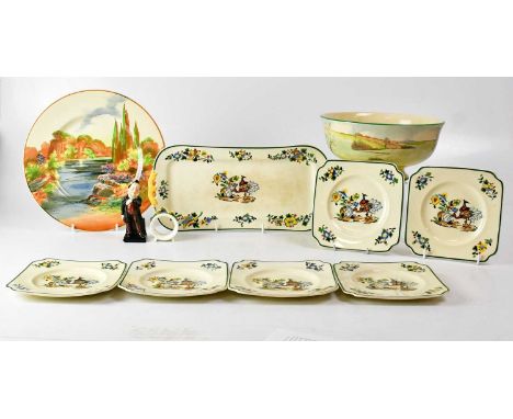 ROYAL DOULTON; a small mixed lot of ceramics to include a Series ware bowl, 'Fox-Hunting' D.5104, a cabinet plate, 'Woodley D