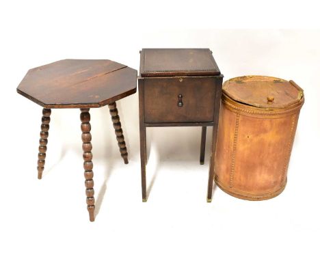 A vintage Continental wooden cylindrical cheese chest, together with an octagonal-topped occasional table on bobbin turned fe