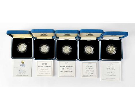 Five silver proof £1 coins, 1996, 1997, 1998, and two 1999, all encapsulated, in presentation cases, with certificates (5).